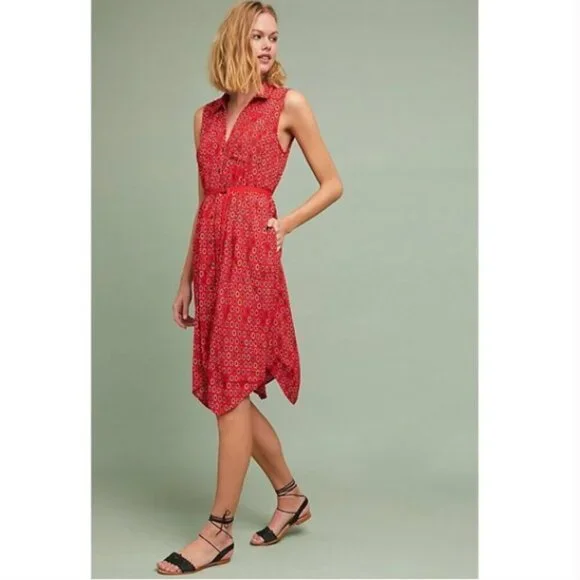 MAEVE (by Anthropologie) Vicki Red Geometric Floral Shirtdress Sleeveless Midi 2 - Picture 1 of 11